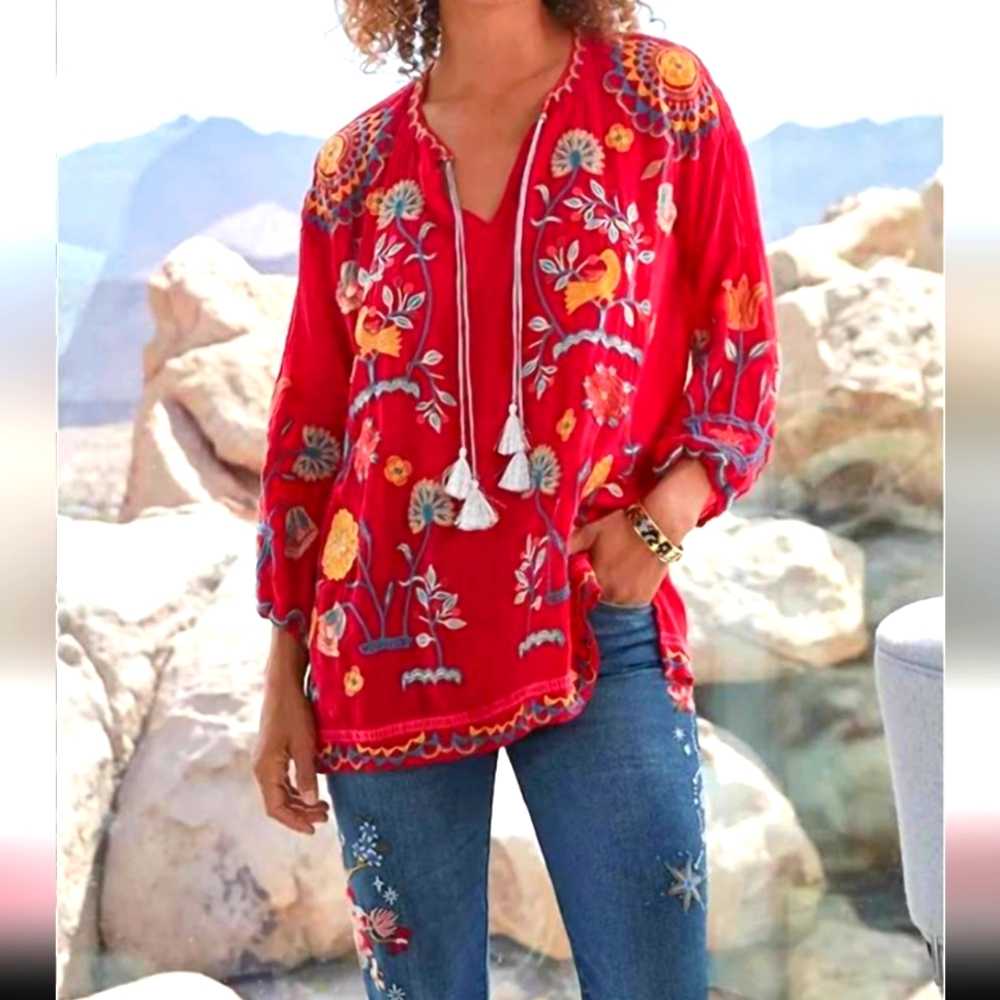 Johnny Was Mayson Red Embroidered Floral Tunic size Large
